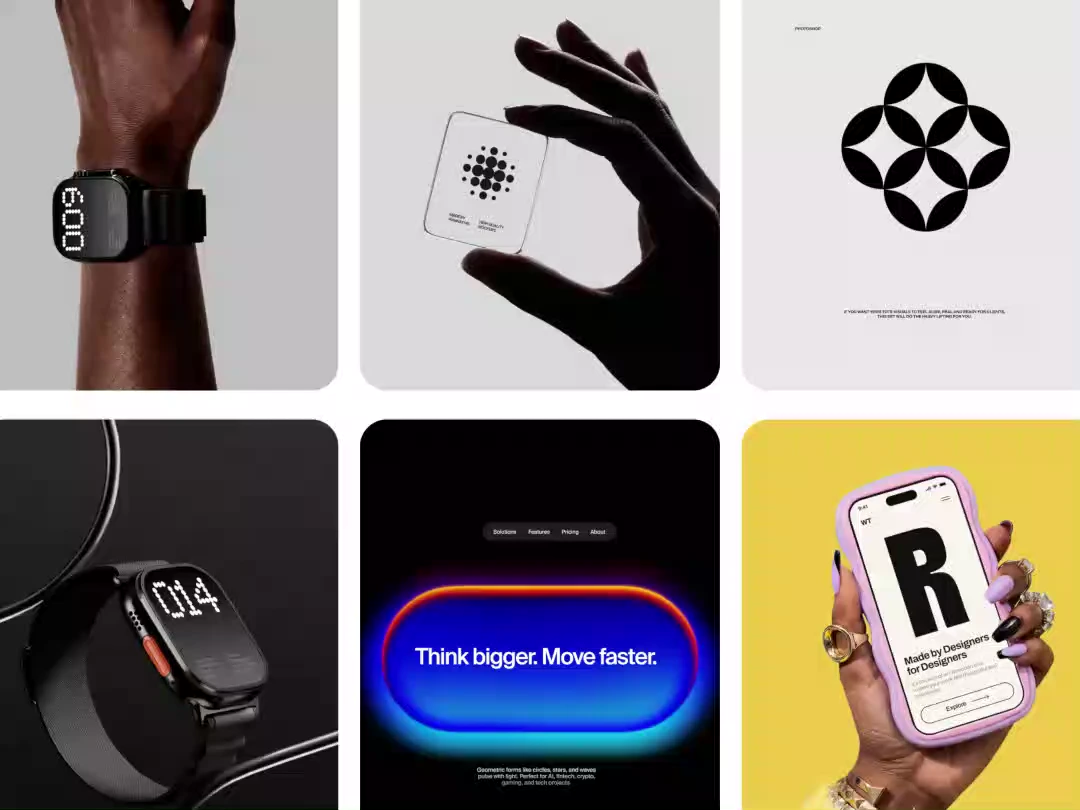 A grid of brand and website designs: smartwatch product shots, a logo mark and a landing page